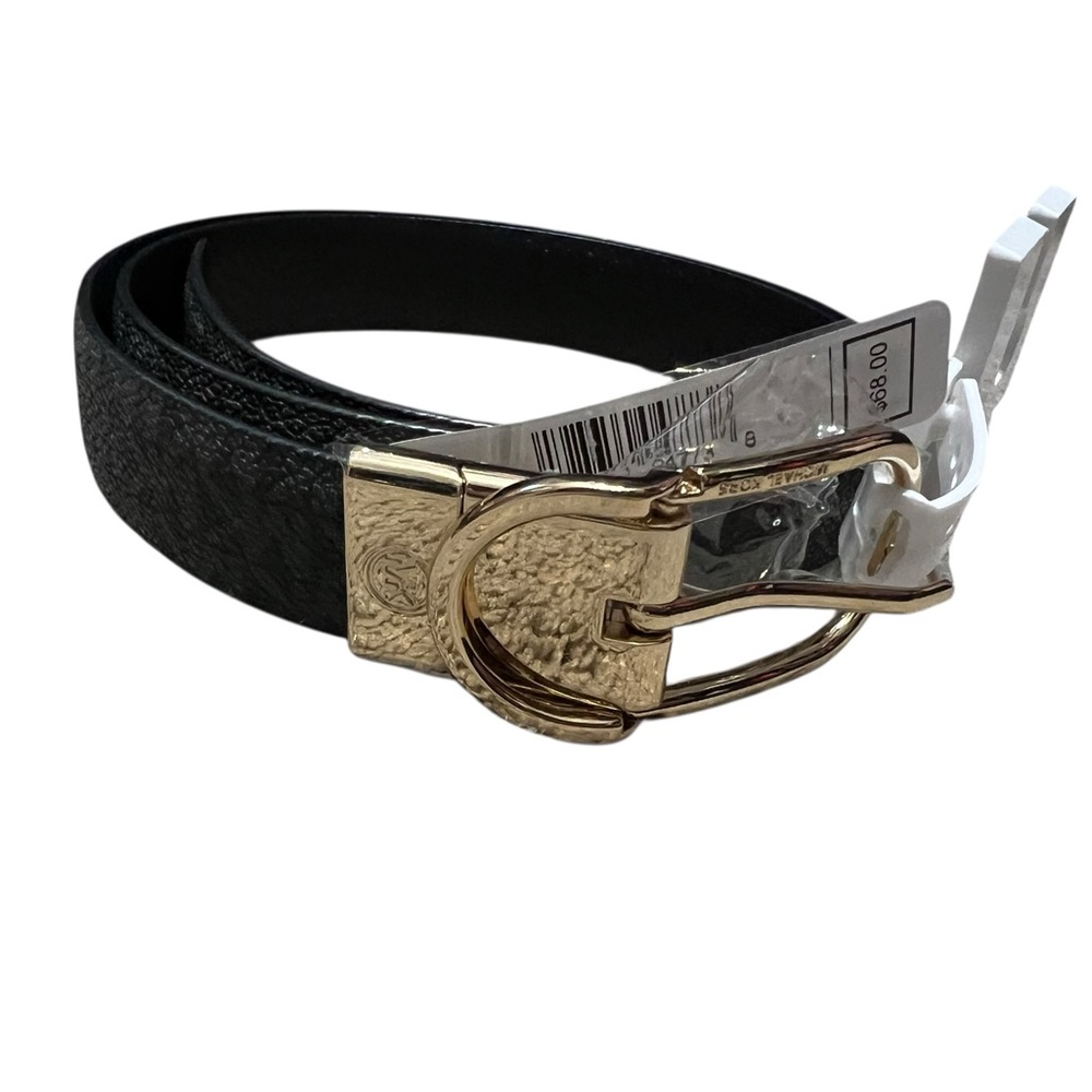 Michael Kors Leather Reversible Belt Gray/Black Logo, Black Pebble Leather-Small